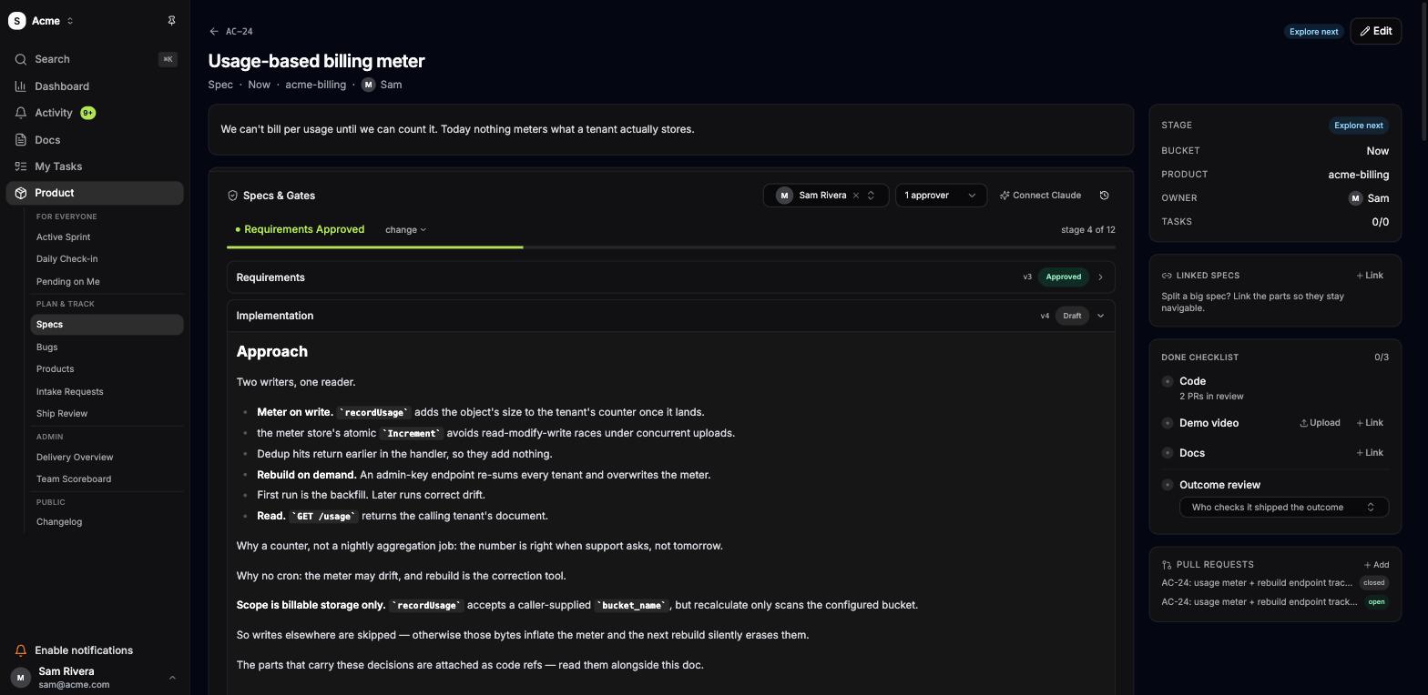 A RelayWork spec called Usage-based billing meter: approved requirements at v3, an implementation document in draft at v4, the stage ladder at stage 4 of 12, with owner, approver count, done checklist and linked pull requests in the right rail.